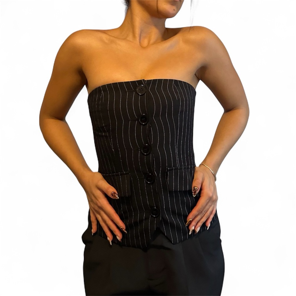 ASOS Black Pinstripe Strapless Top